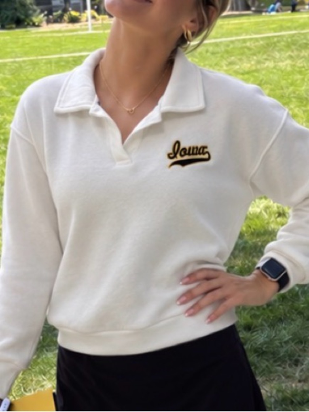 Univ of Iowa League White Collared Iowa Embroidered Sweatshirt